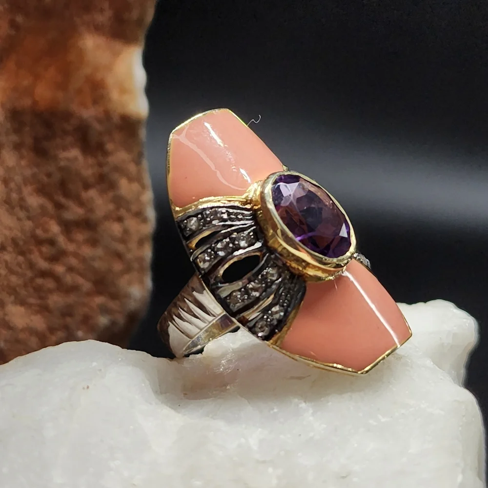 Sterling Silver 925/18k Gold Massive Ring Diamond Amethyst Gemstones